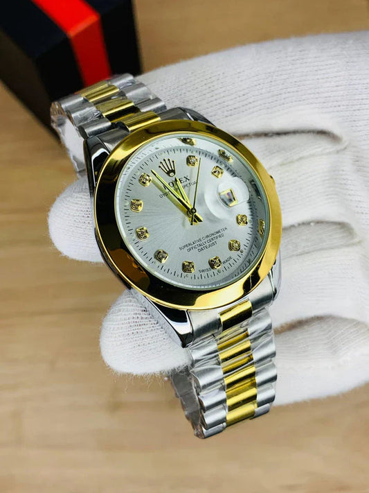 Rolex Stone Date Watch - Two Tone White